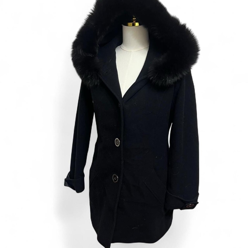 Sachi Collection Wool Cashmere Coat With Genuine Fox Fur Hood Trim Jacket Black